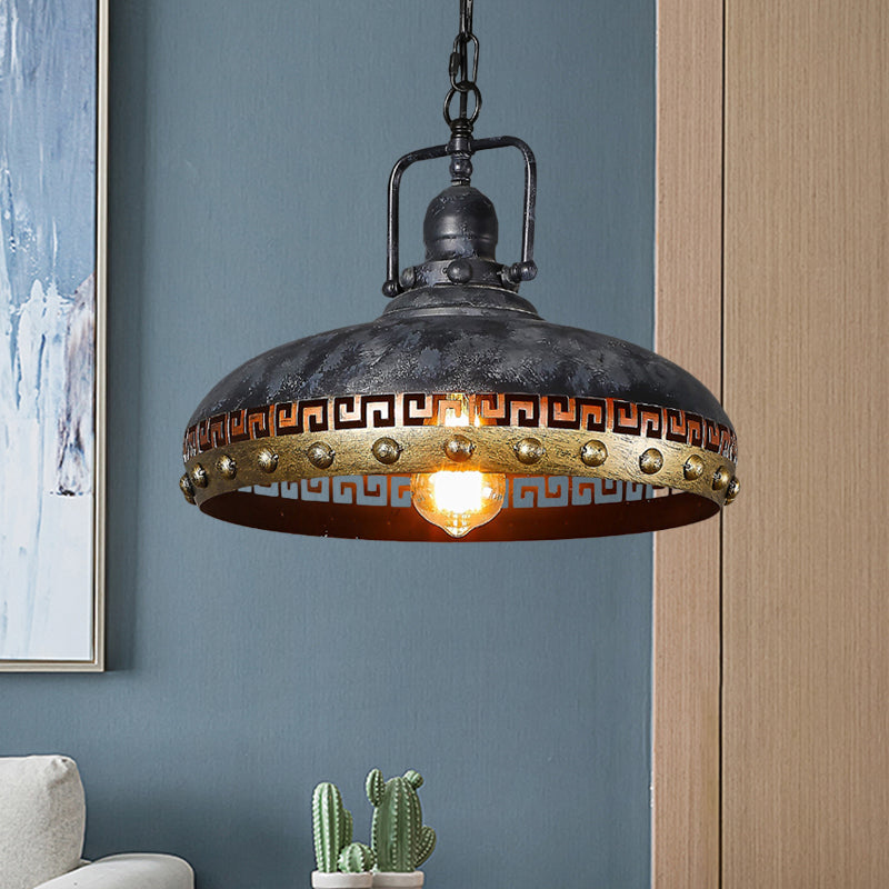 Antiqued Bowl Down Lighting 1-Light Metal Hanging Lamp Kit in Black with Rotatable Handle