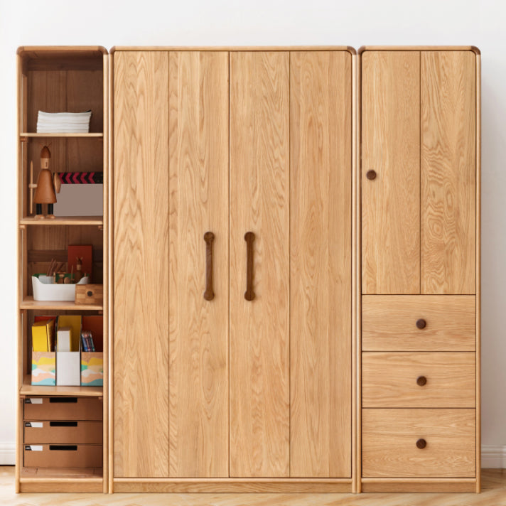 Wardrobe Closet Light Wood Solid Wood Hinged with Drawer with Garment Rod