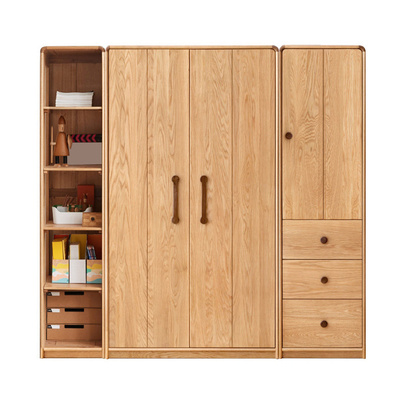 Wardrobe Closet Light Wood Solid Wood Hinged with Drawer with Garment Rod