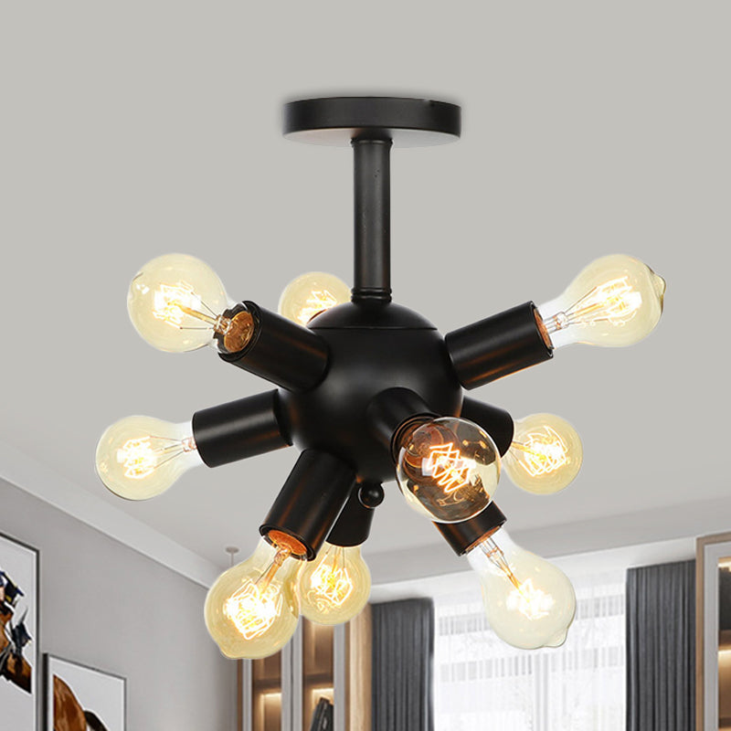 Metallic Sputnik Semi Flush Light Fixture Industrial 6/9/12 Bulbs Coffee House Flush Mount Lamp in Black