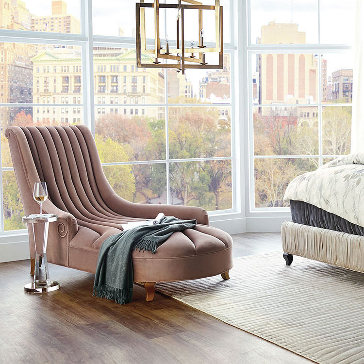 Luxury Style Velvet Chaise Lounge Bedroom Recessed Arms Chaise