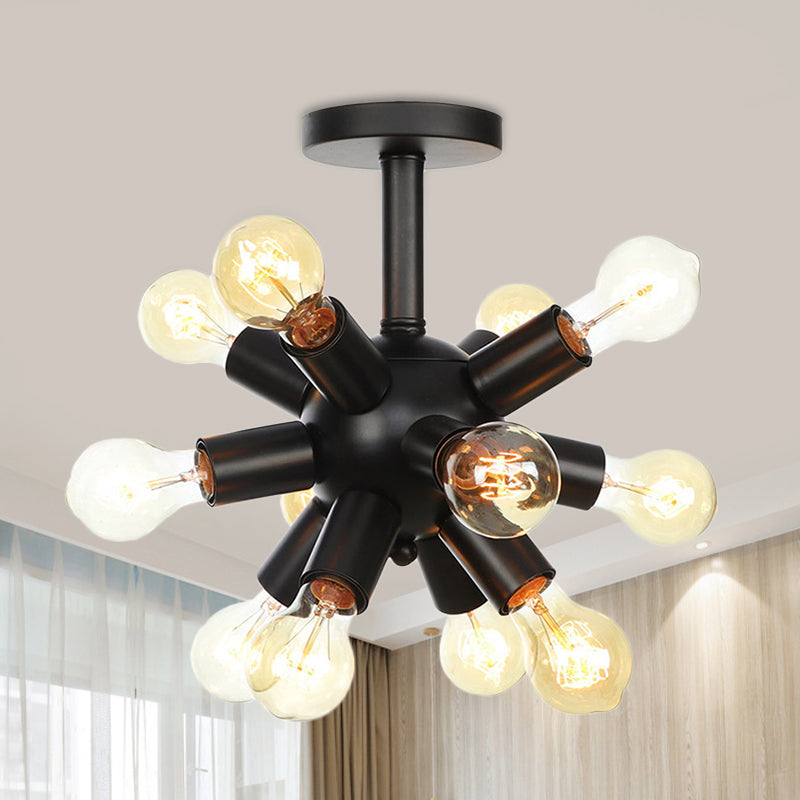 Metallic Sputnik Semi Flush Light Fixture Industrial 6/9/12 Bulbs Coffee House Flush Mount Lamp in Black