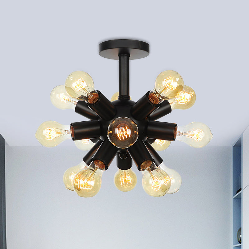 Metallic Sputnik Semi Flush Light Fixture Industrial 6/9/12 Bulbs Coffee House Flush Mount Lamp in Black