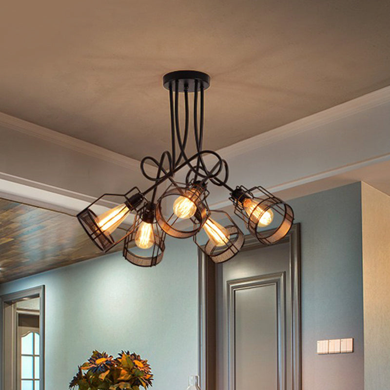 5 Lights Wire Cage Hanging Chandelier Vintage Black Metallic Ceiling Light with Swirl Rod