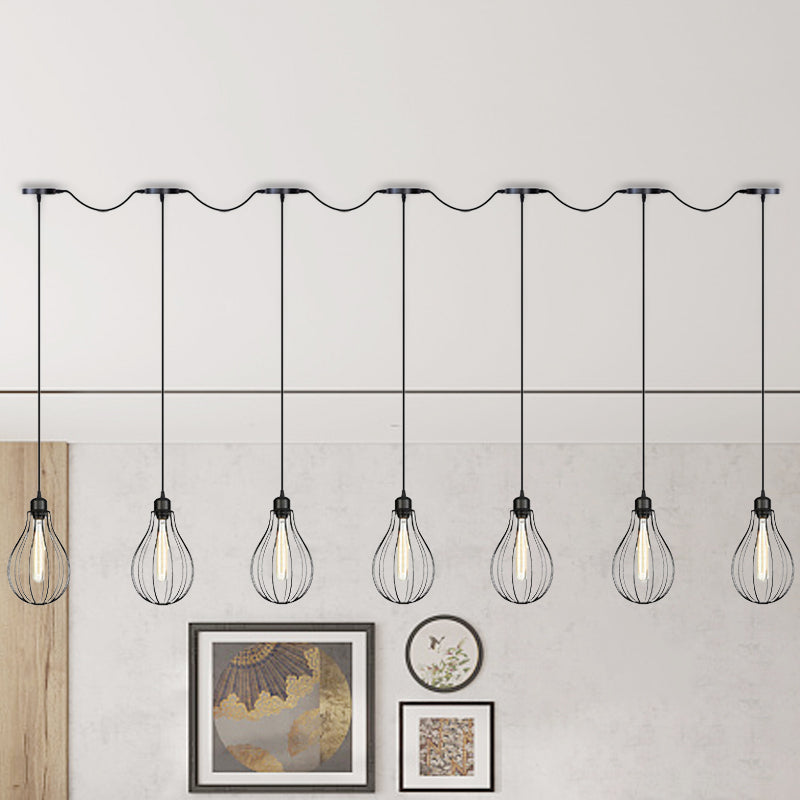 3/5/7-Bulb Multi Light Pendant Chandelier Industrial Pear Cage Iron Hanging Light Kit in Black