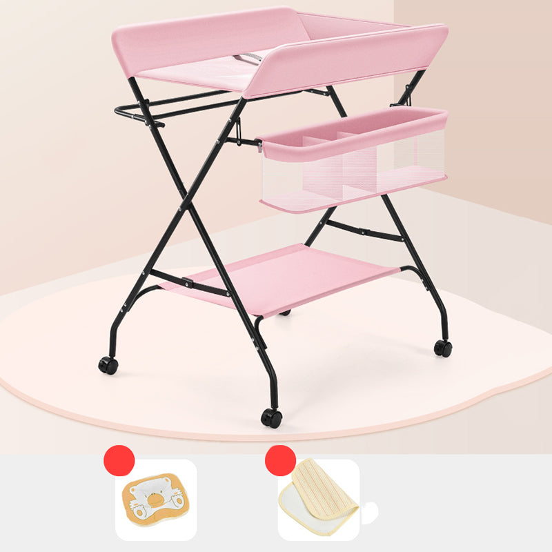 Flat Top Baby Changing Table Modern Style in Metal Frame with Storage Basket