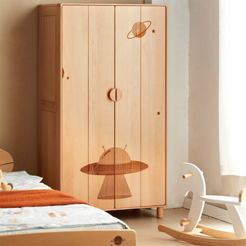 Light Wood Solid Wood with Shelves with Garment Rod Armoire Cabinet