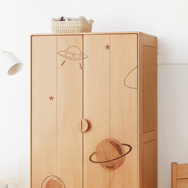 Light Wood Solid Wood with Shelves with Garment Rod Armoire Cabinet