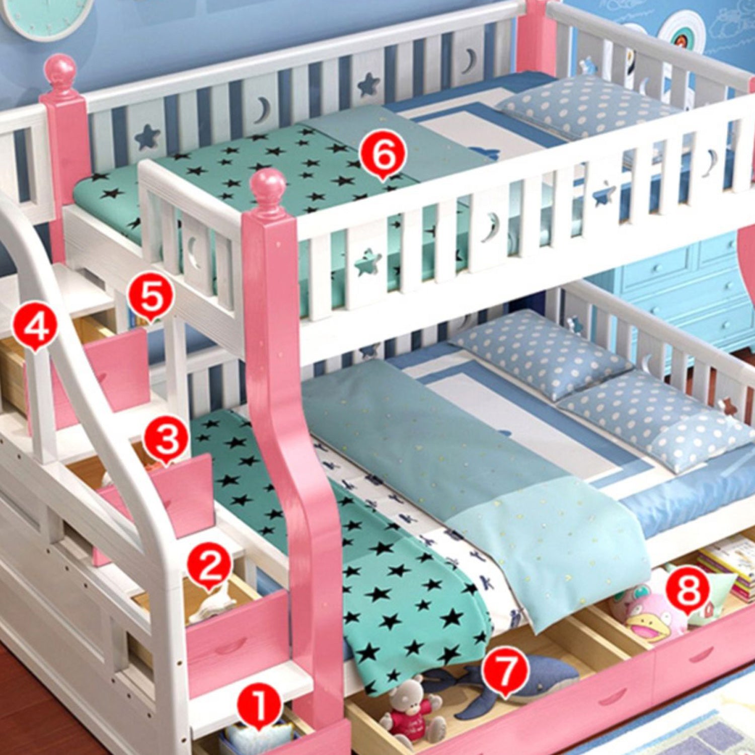 Nordic Solid Wood Standard Bunk Bed in White and Pink with Storage