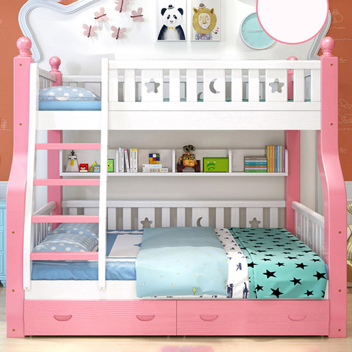 Nordic Solid Wood Standard Bunk Bed in White and Pink with Storage