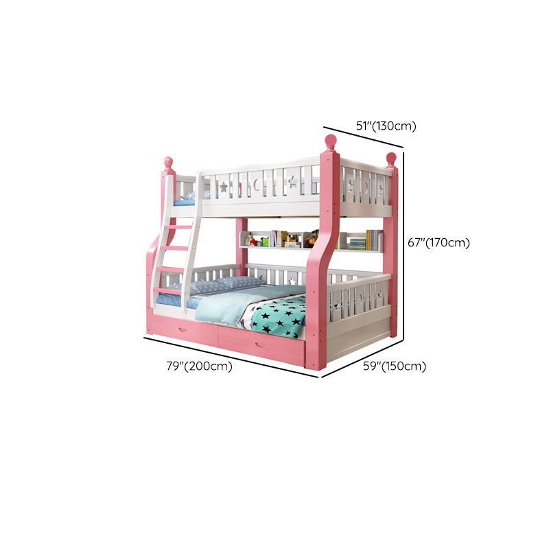 Nordic Solid Wood Standard Bunk Bed in White and Pink with Storage