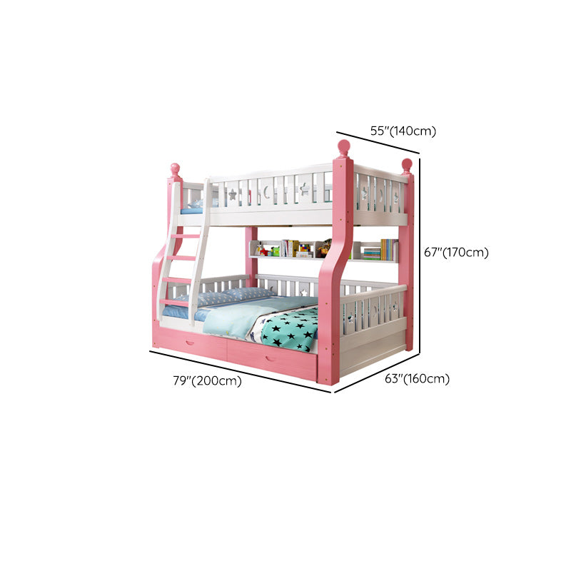 Nordic Solid Wood Standard Bunk Bed in White and Pink with Storage