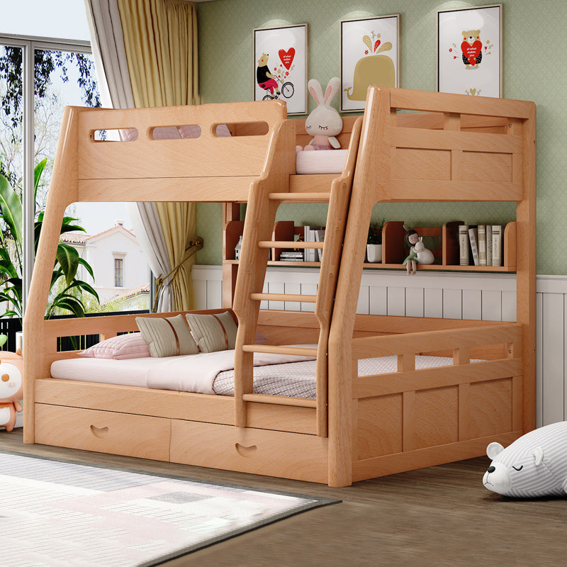 Natural Solid Wood Kids Bed Natural Bunk Bed with Guardrail and Mattress