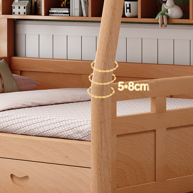 Natural Solid Wood Kids Bed Natural Bunk Bed with Guardrail and Mattress
