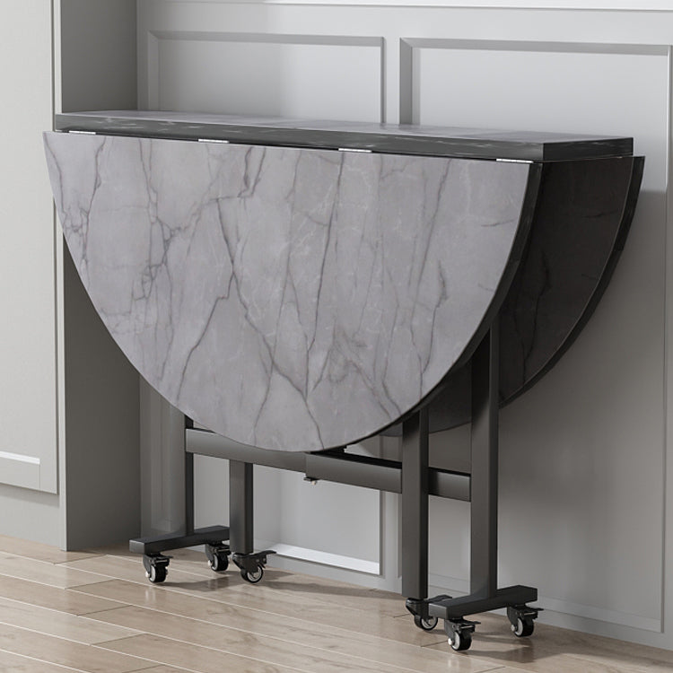 Modern Foldable Dining Table Round Grey Wood Tabletop with Metal Trestle Base