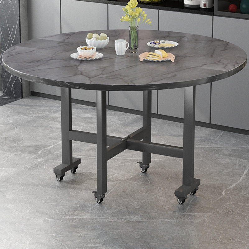 Modern Foldable Dining Table Round Grey Wood Tabletop with Metal Trestle Base