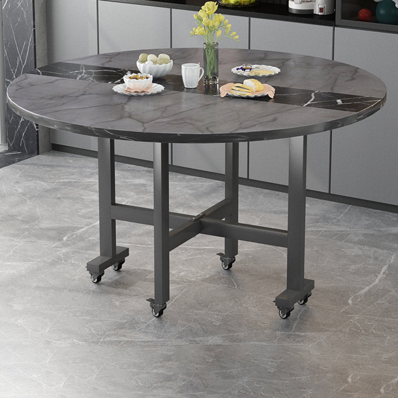 Modern Foldable Dining Table Round Grey Wood Tabletop with Metal Trestle Base