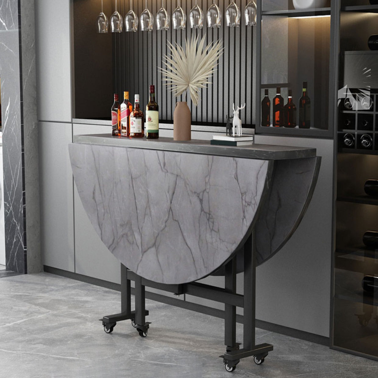 Modern Foldable Dining Table Round Grey Wood Tabletop with Metal Trestle Base