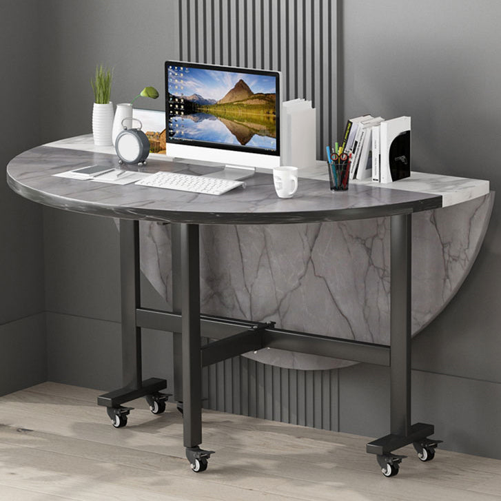 Modern Foldable Dining Table Round Grey Wood Tabletop with Metal Trestle Base