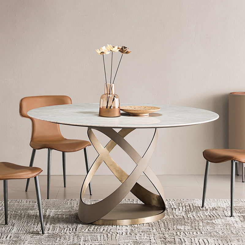 Modern Round Marble Top Dining Table with Metal Pedestal Base