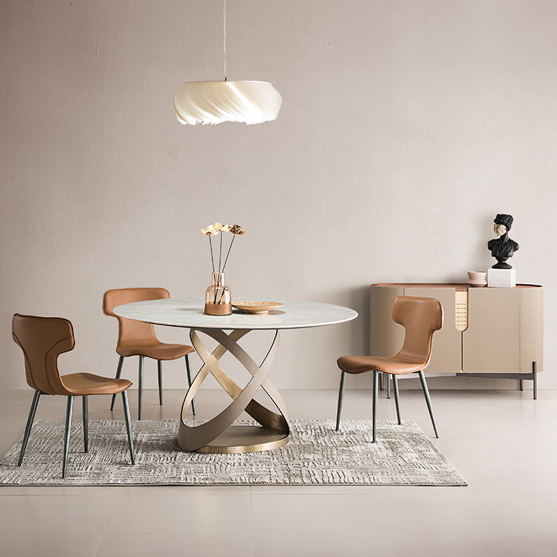 Modern Round Marble Top Dining Table with Metal Pedestal Base