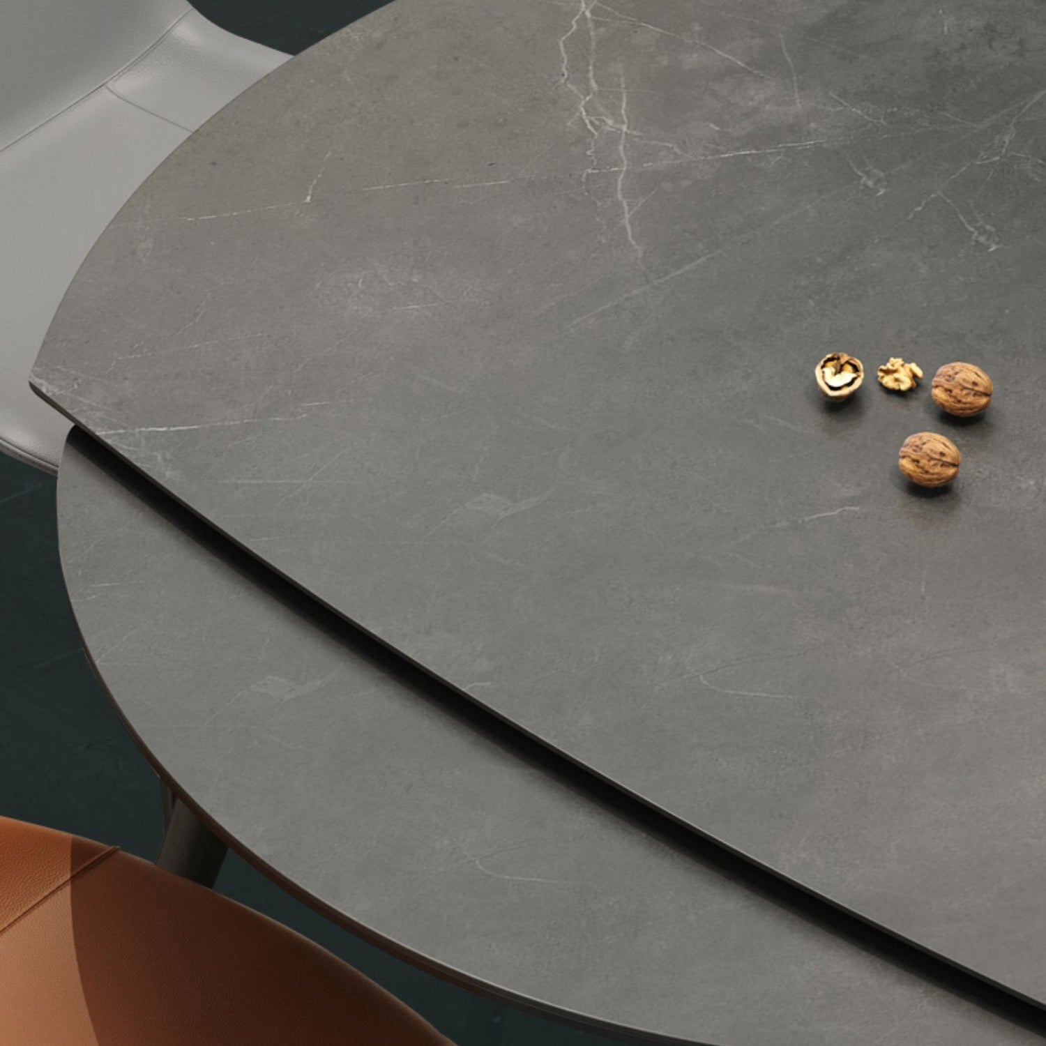 Round Extendable Dining Table Modern Stone Tabletop with Solid Wood Legs