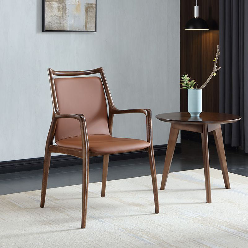 Nordic Style Leather Brown Arm Dining Chair in Solid Wood for Home