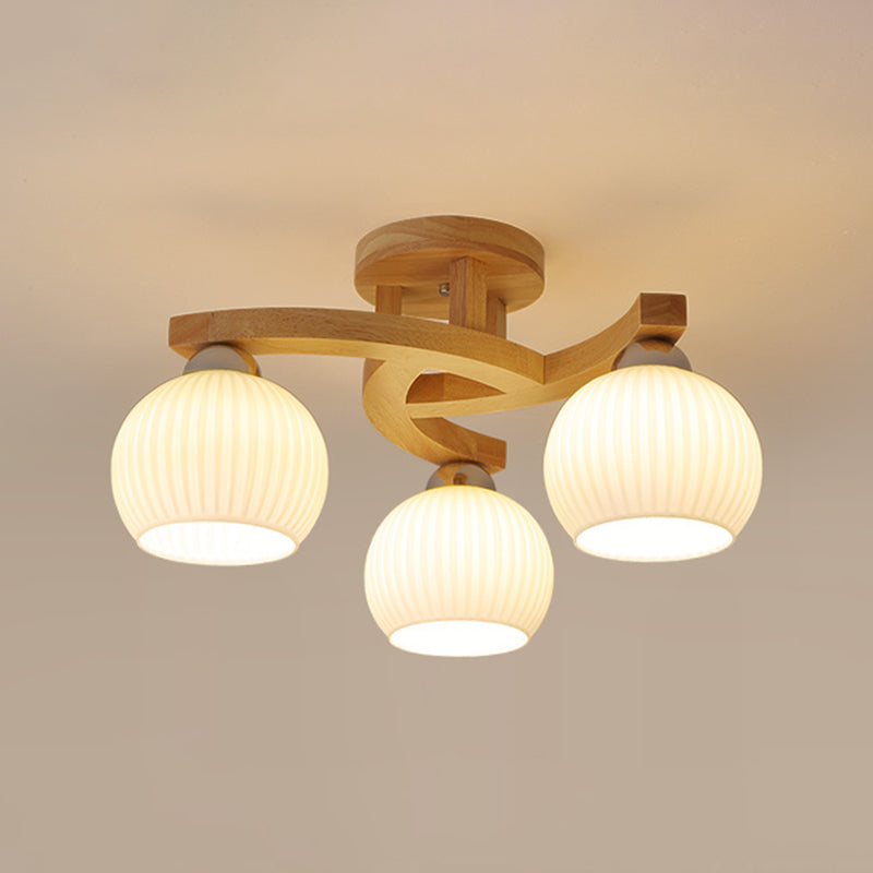 Modern Style Ceiling Mount Light Wooden Spherical with Glass Shade for Bedroom