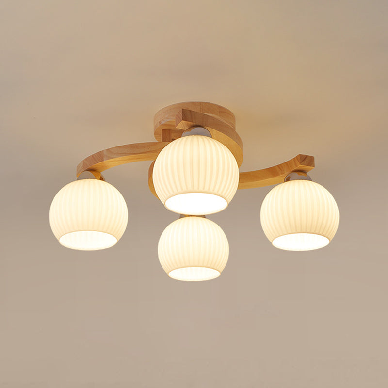Modern Style Ceiling Mount Light Wooden Spherical with Glass Shade for Bedroom