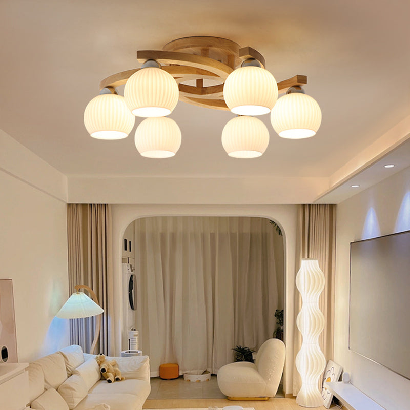 Modern Style Ceiling Mount Light Wooden Spherical with Glass Shade for Bedroom