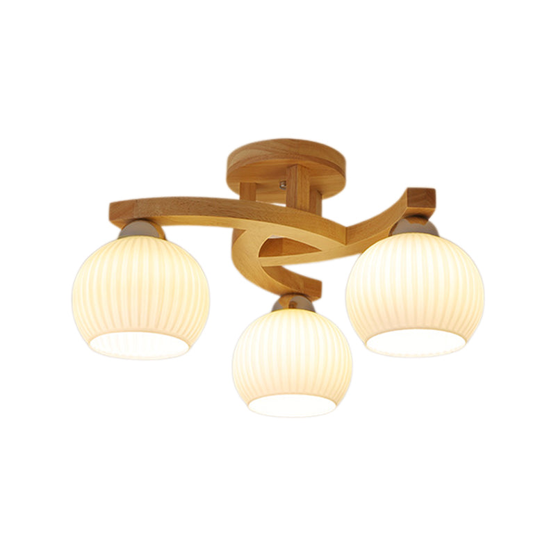 Modern Style Ceiling Mount Light Wooden Spherical with Glass Shade for Bedroom