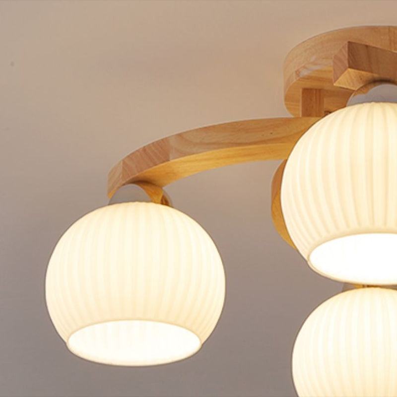 Modern Style Ceiling Mount Light Wooden Spherical with Glass Shade for Bedroom