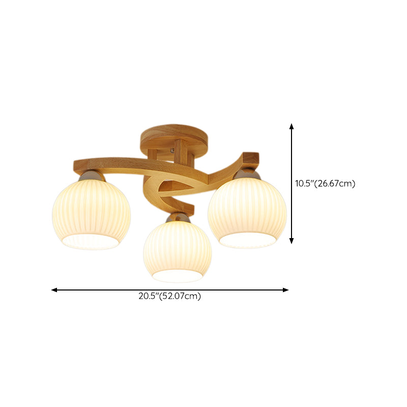 Modern Style Ceiling Mount Light Wooden Spherical with Glass Shade for Bedroom