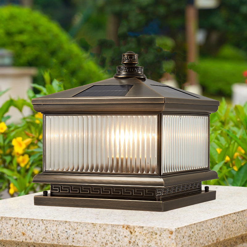 Rectangle Shape Metal Outdoor Light Modern Style 1 Light Solar Pillar Lights in Bronze