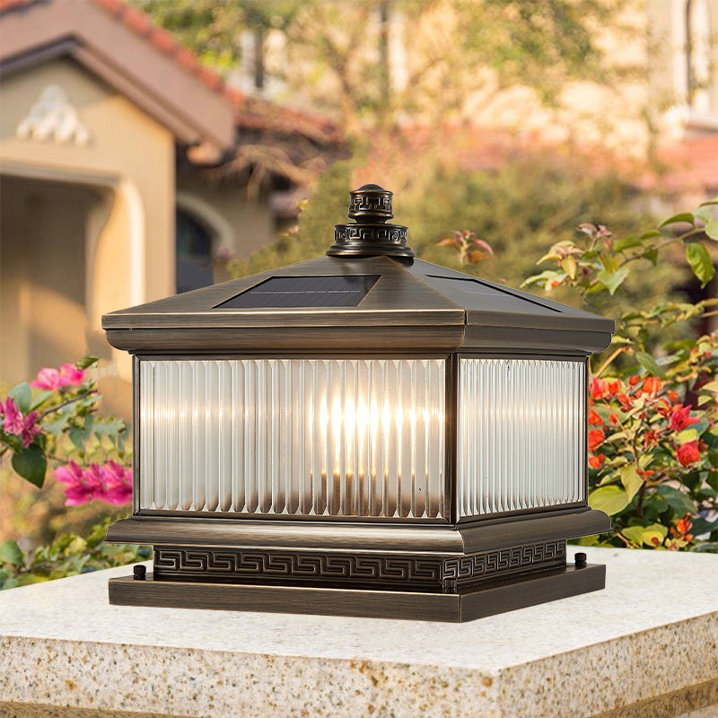 Rectangle Shape Metal Outdoor Light Modern Style 1 Light Solar Pillar Lights in Bronze