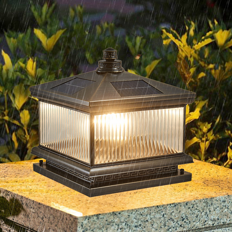 Rectangle Shape Metal Outdoor Light Modern Style 1 Light Solar Pillar Lights in Bronze