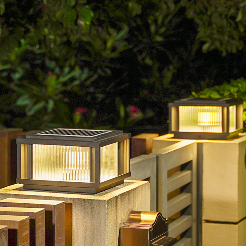 Square Shape Metal Outdoor Light Modern Style 1-Light Solar Pillar Lights in Black