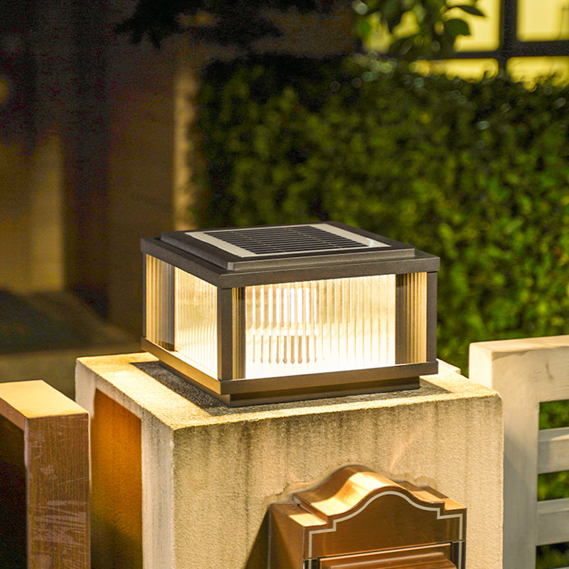 Square Shape Metal Outdoor Light Modern Style 1-Light Solar Pillar Lights in Black
