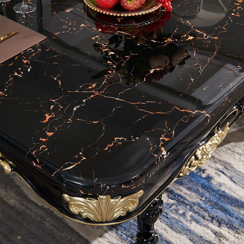 Glam Kitchen Table with Faux Marble Top Solid Wood Legs in Black