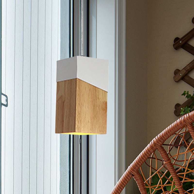 Cuboid Drop Pendant Light Modern Wood 1 Light Beige and White Suspension Lamp for Bedside