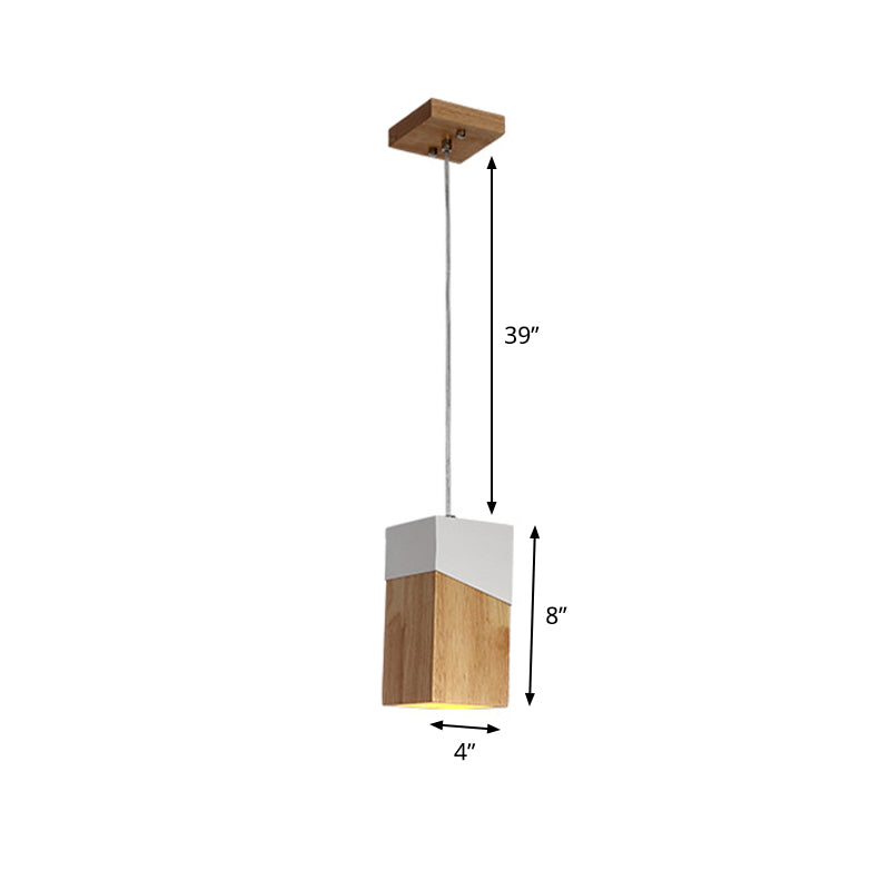 Cuboid Drop Pendant Light Modern Wood 1 Light Beige and White Suspension Lamp for Bedside