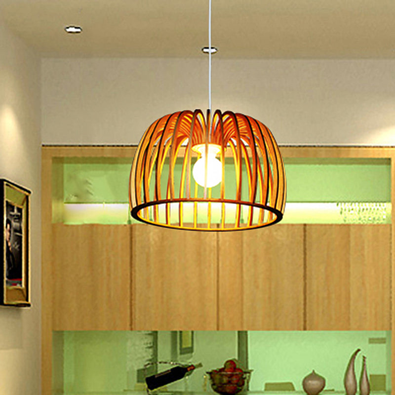 Beige Bowl Frame Down Lighting Asia 1 Bulb Wood Strip Hanging Ceiling Lamp for Living Room