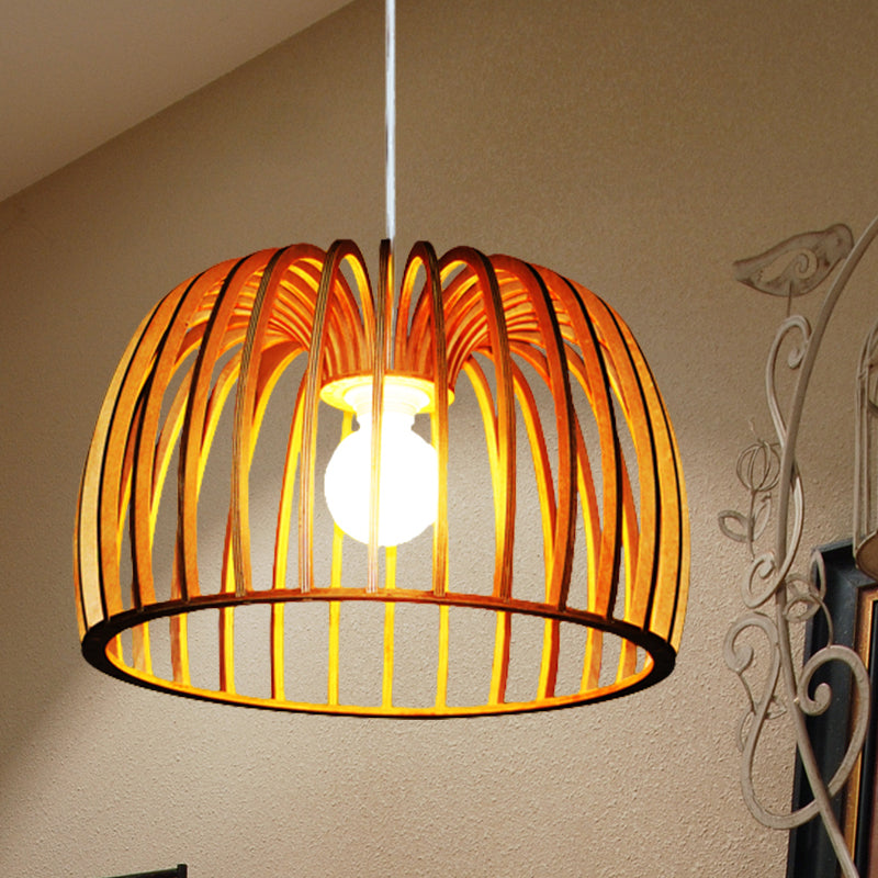 Beige Bowl Frame Down Lighting Asia 1 Bulb Wood Strip Hanging Ceiling Lamp for Living Room