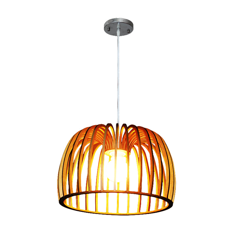 Beige Bowl Frame Down Lighting Asia 1 Bulb Wood Strip Hanging Ceiling Lamp for Living Room