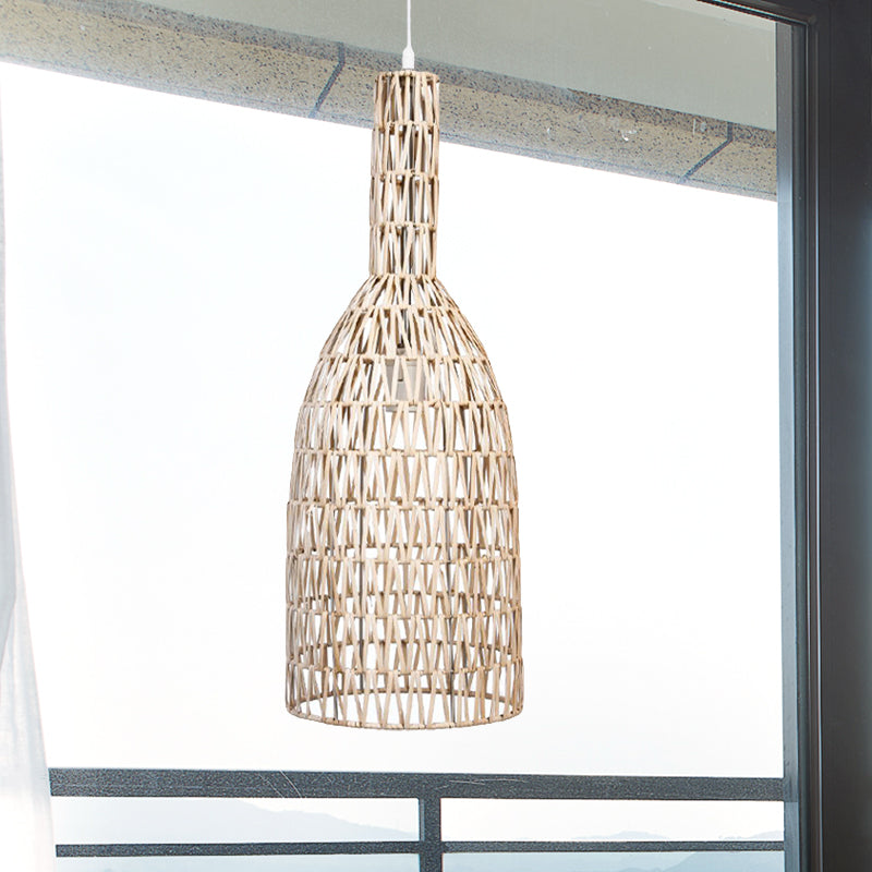 Khaki Woven Bottle Ceiling Hang Fixture Asian 1-Light Bamboo Rattan Hanging Pendant Lighting