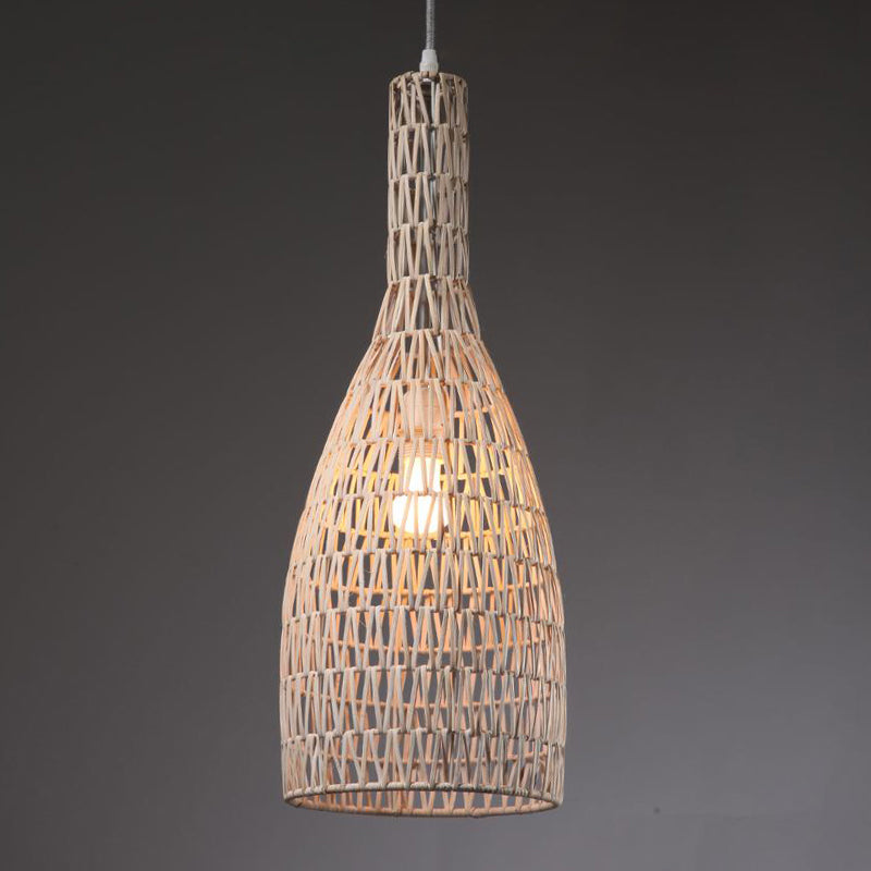 Khaki Woven Bottle Ceiling Hang Fixture Asian 1-Light Bamboo Rattan Hanging Pendant Lighting