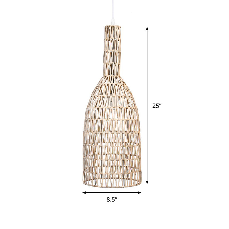 Khaki Woven Bottle Ceiling Hang Fixture Asian 1-Light Bamboo Rattan Hanging Pendant Lighting