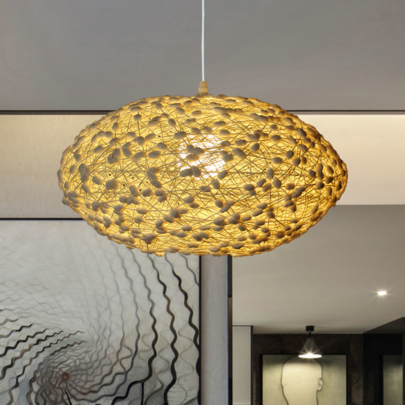 Asian 1-Bulb Hanging Lighting Beige Oval Nest Ceiling Pendant Lamp with Rattan Shade for Bedroom