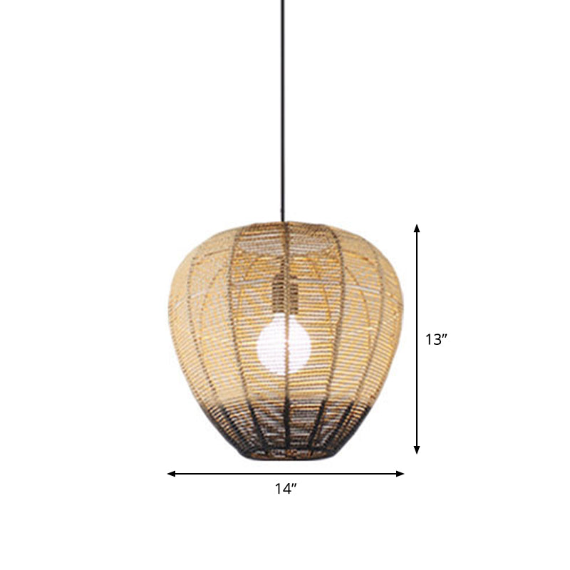 1 Light Tea Room Suspension Light Modern Wood and Black Ceiling Hang Fixture with Waterdrop Rattan Shade