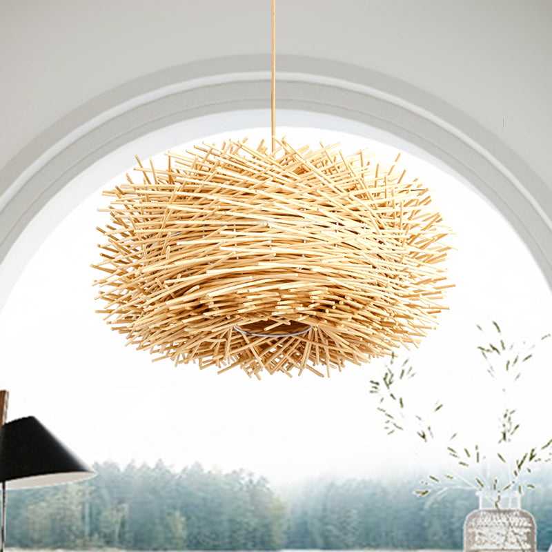 Asian 1 Bulb Ceiling Pendant Light Beige Nest Shape Hanging Lamp Kit with Rattan Shade